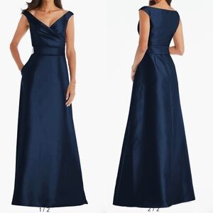 NWOT Alfred Sung Midnight Off the Shoulder Satin Gown Navy D11S 8 R